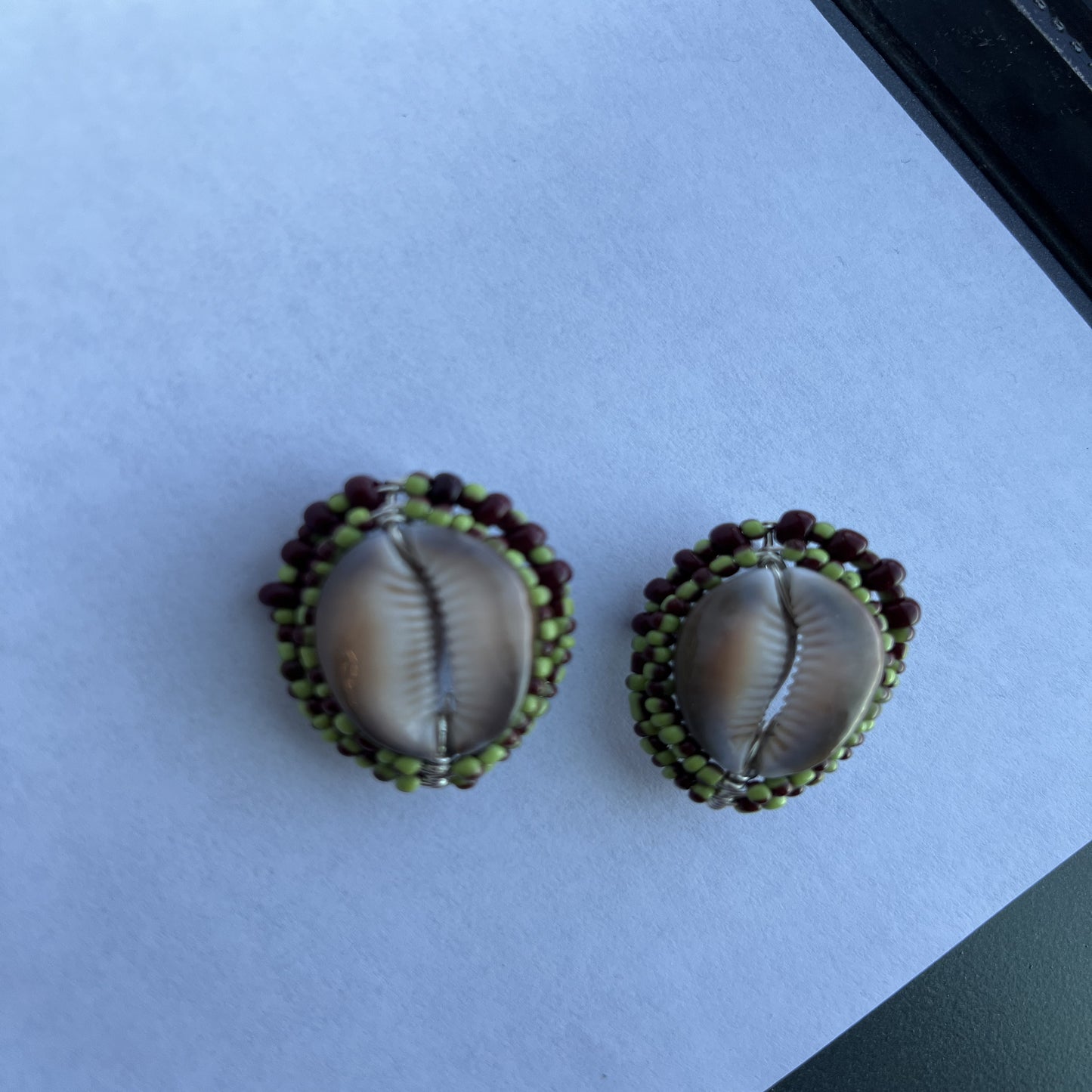 Inverted Striped Brown and Green Serpent's Head Cowrie Shield 2 Earrings
