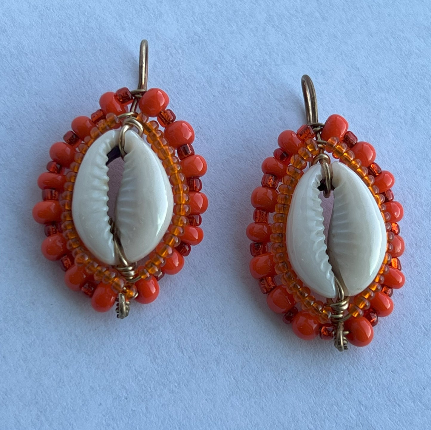 Translucent and Opaque Orange Ringtop Cowrie Shield Earrings