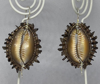 Smoky Quartz & Serpent's Head Cowrie Earrings