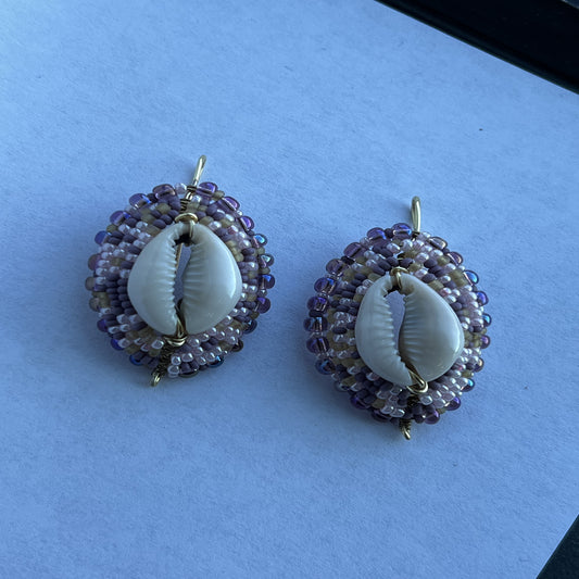 Iridescent and Pearlized Lavendar Ringtop Cowrie Shield Earrings