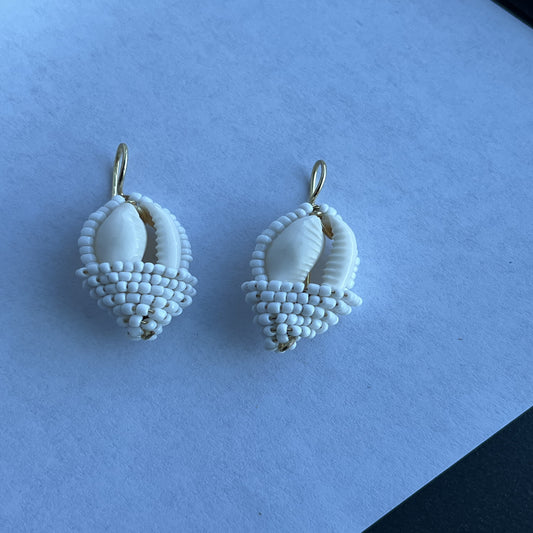 White Ringtop Cowrie Basket Earrings