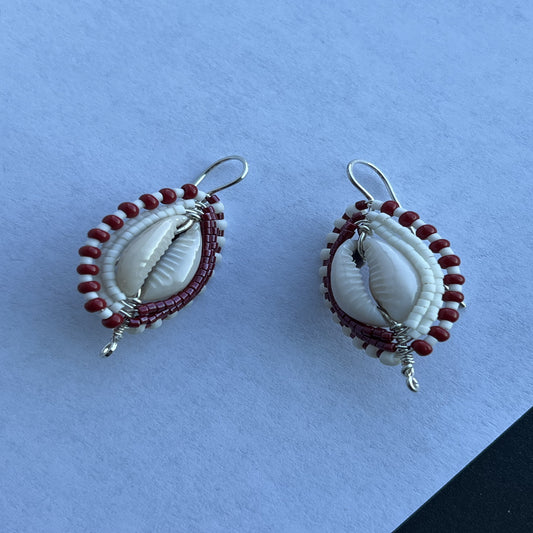 Cream and Crimson Half and Half Ringtop Cowrie Earrings 1