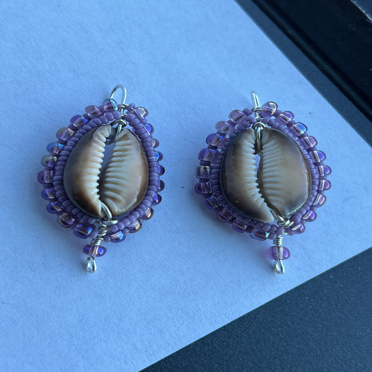 Opaque and Iridescent Lavender Serpent's Head Cowrie Shield Earrings