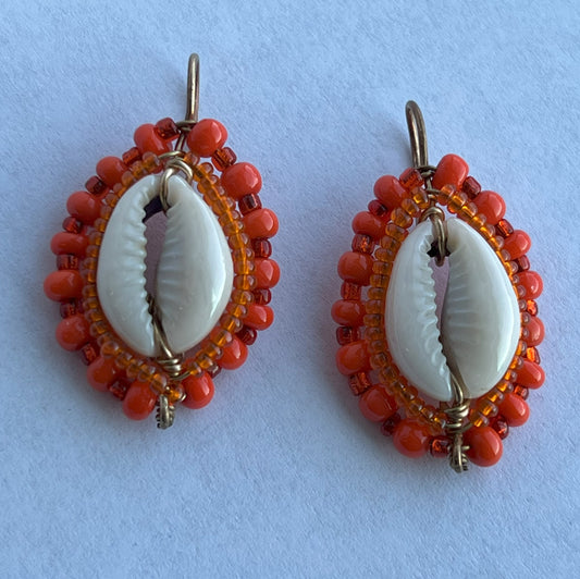 Translucent and Opaque Orange Ringtop Cowrie Shield Earrings